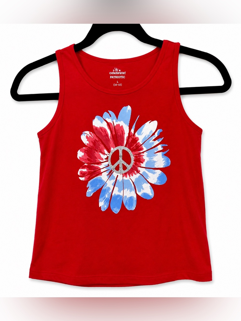 Celebrate Patriotic Kids Tank Top L 10-12 Red Peace Flower Glitter 4th of July